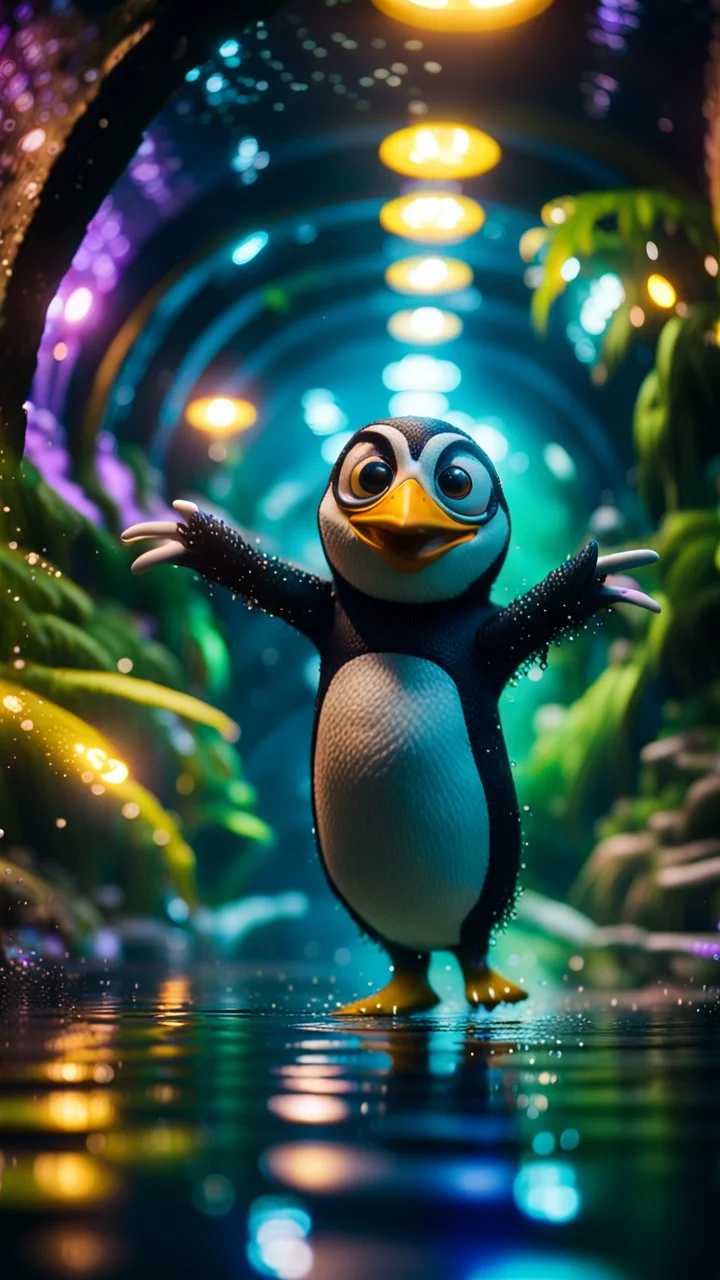 selfie by pimp rocker alien penguin gremlin diving in water slide in the middle of crazy dance moves dancing in dark lit reflective wet jungle hall tunnel,bokeh like f/0.8, tilt-shift lens 8k, high detail, smooth render, down-light, unreal engine, prize winning