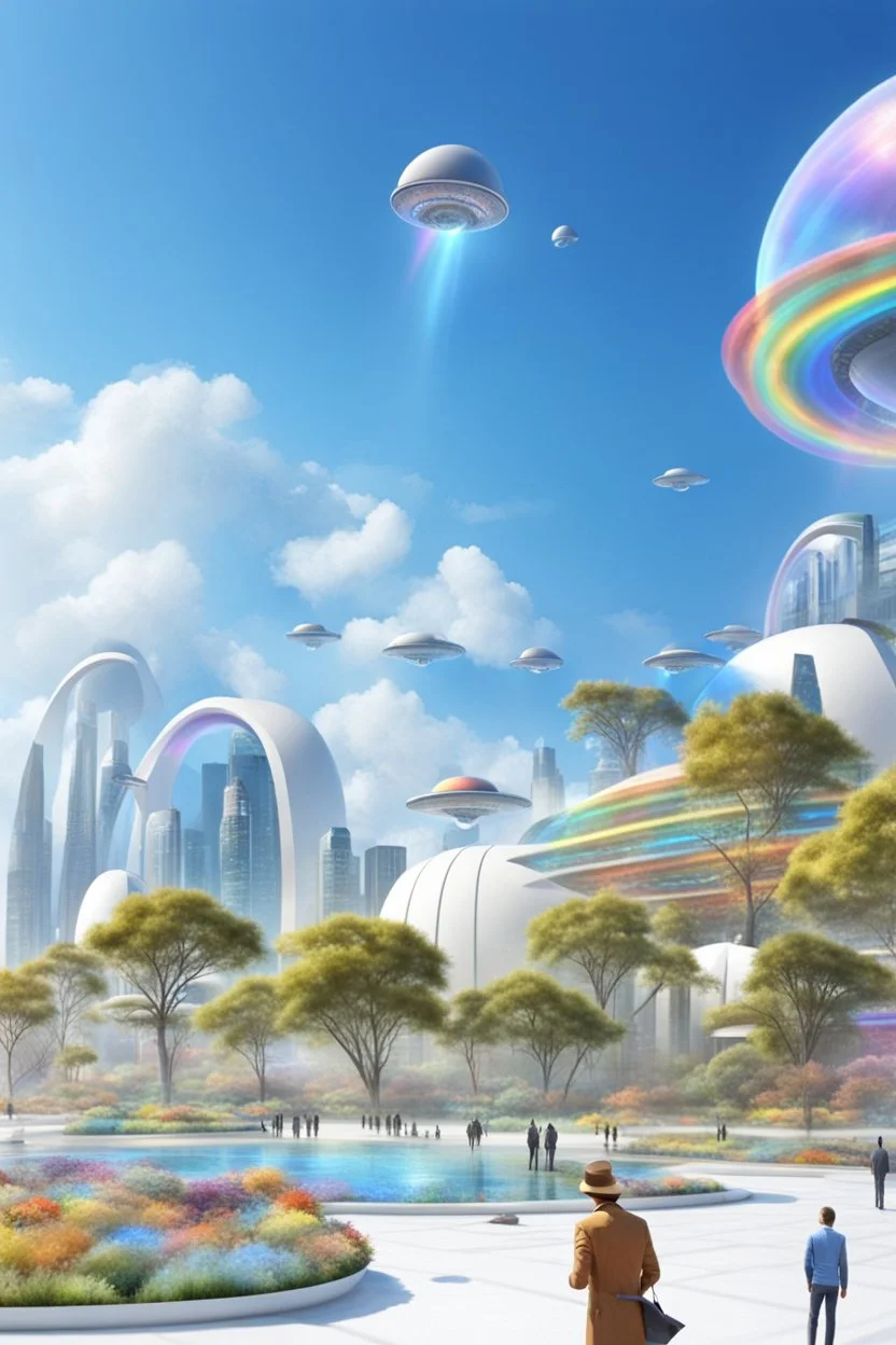 ville futuriste ultra moderne, ufos, rainbows,intergalactic city