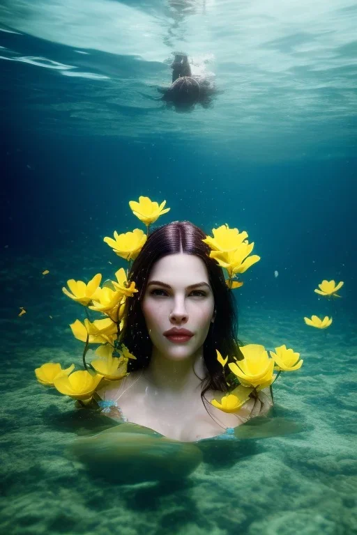 liv tyler underwater with yellow flowers for hair, closed eyes, rtx, reflection, 8k, glow, winning photography, caustics