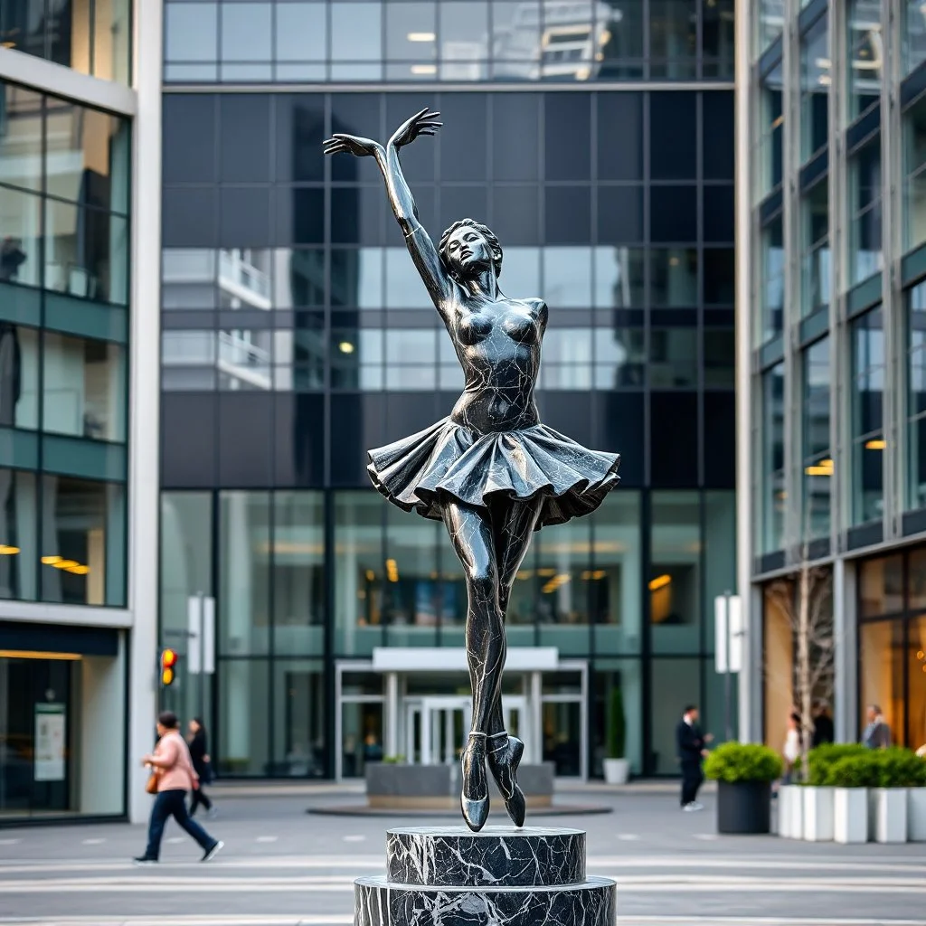 photo of a statue of ballerina made of black marbel in a modern city center