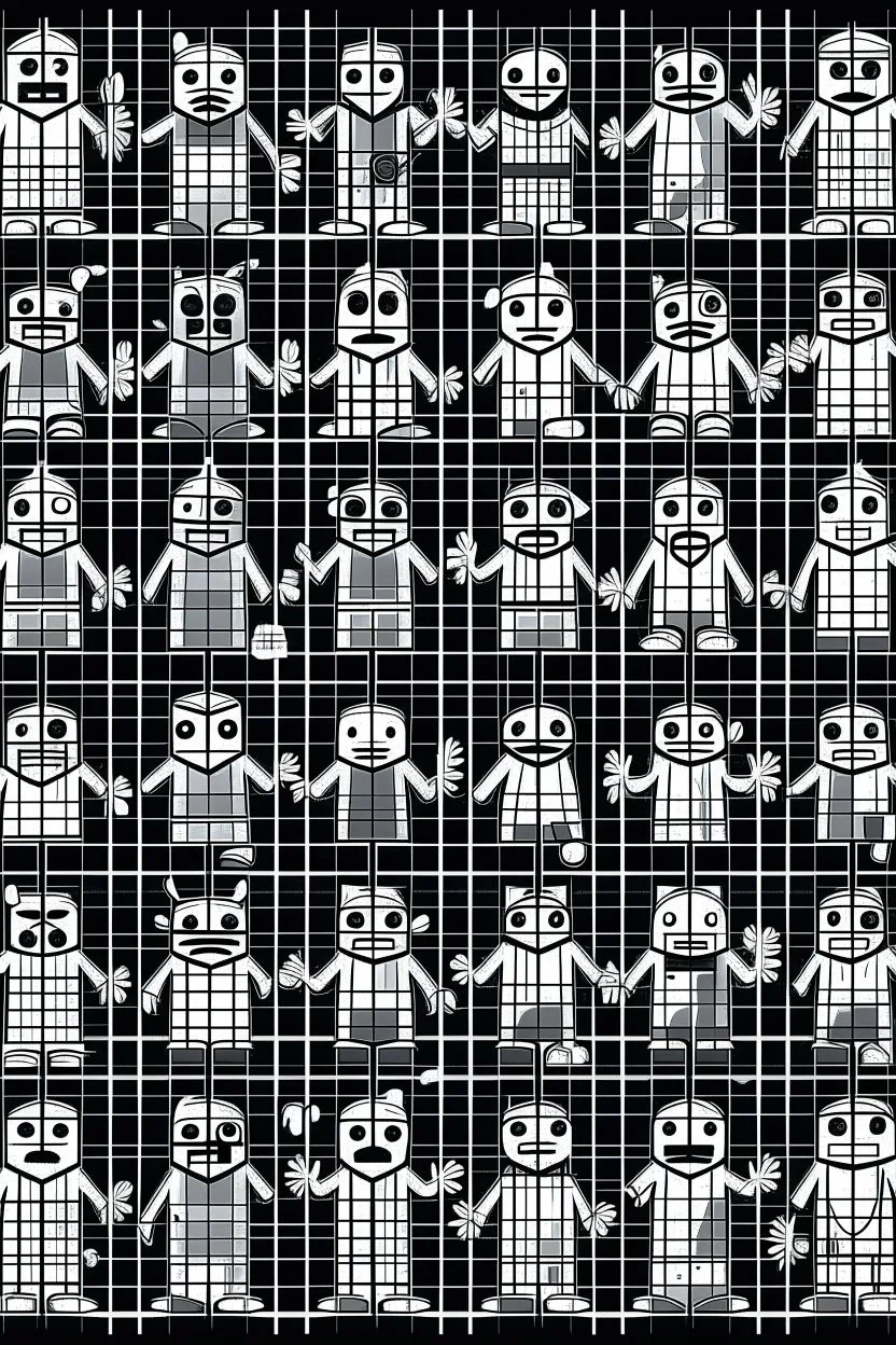 SQUARE GRIDS GHOST FACES CARTOON DANCING STYLE OF HIROKU OGAI