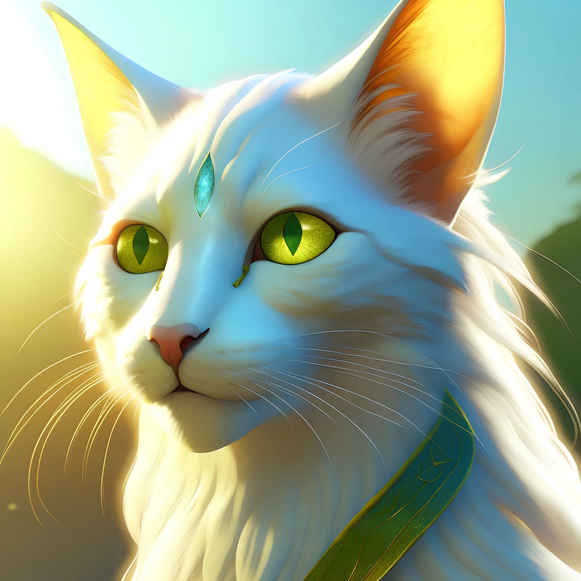 Photoreal Detailed d&d character portrait, oasis scene with mist and the sun is visible in the background, long hair Turkish van female tabaxi humanoid from D&D, with one green eye, one blue eye, glowing with mystical energy, fantasy, detailed, catlike face with human body