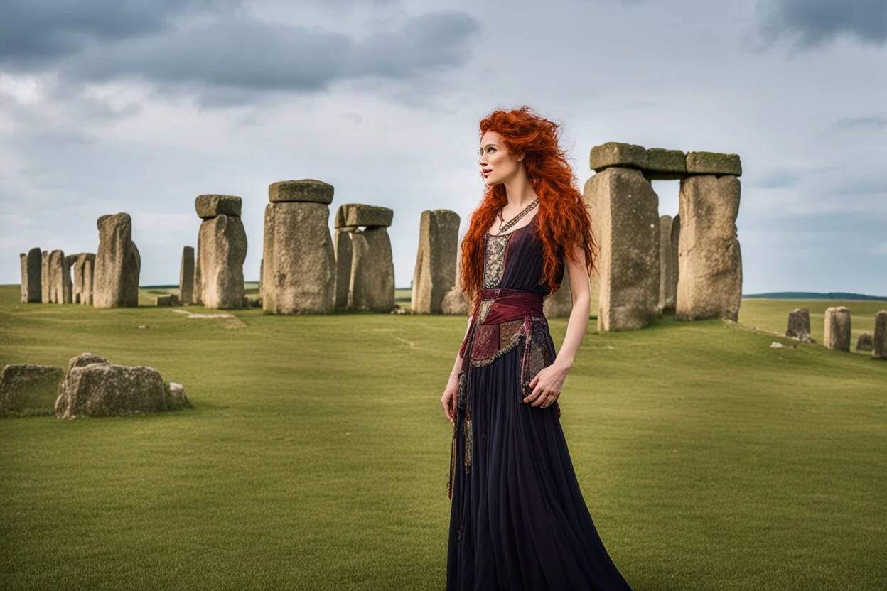 A tall slim red-headed young woman, dressed like a gipsy, standing in front of Stonehenge