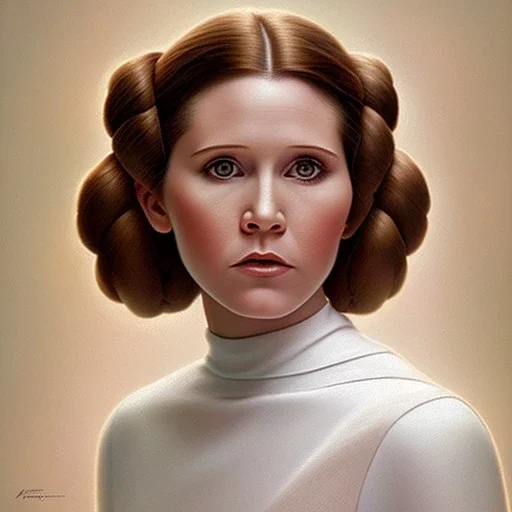 square framed complete and ultra realistic detailed head to waist stunning photo realistic portrait of young carrie fisher as Princess Leia with photo realistic hairstyle by Mandy Jurgens and mucha and Richard Schmid and chuck close and chie yoshii, extraordinary and detailed ceremony dress of star wars,brown eyes