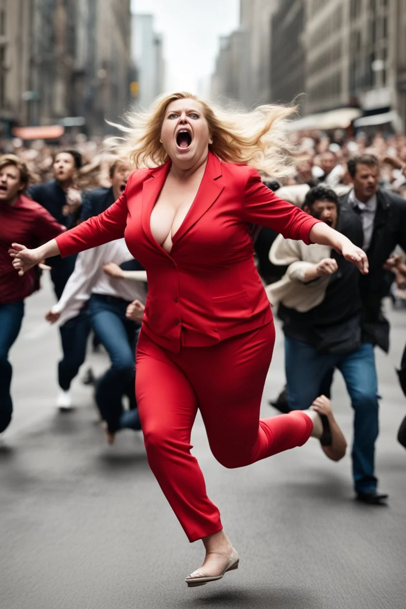 an obese terrified blonde woman in a red pant suit desperately running away from an angry mob of thousands of people chasing her down a city street