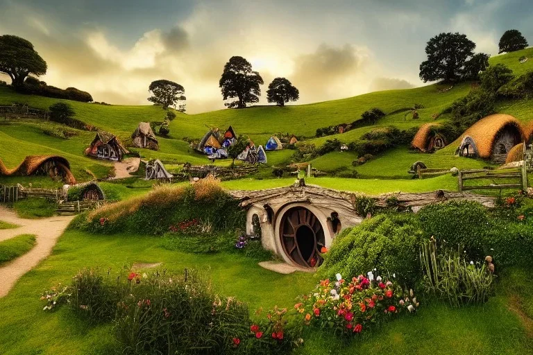 The town of Hobbiton in the Summer, the shire, beautiful scenic landscape, lord of the rings, wide angle, super highly detailed, professional digital painting, artstation, concept art, smooth, sharp focus, no blur, no dof, extreme illustration, unreal engine 5, photorealism, hd quality, 8 k resolution, cinema 4 d, 3 d, beautiful, cinematic, art by artgerm and greg rutkowski and alphonse mucha and loish and wlop