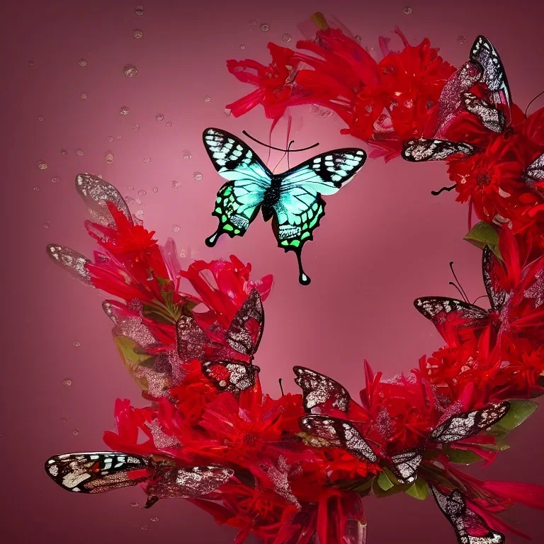  Прозрачная Бабочка из воды в тумане и букет венок красные стеклянные цветы в жемчужном сиянии капли дождя