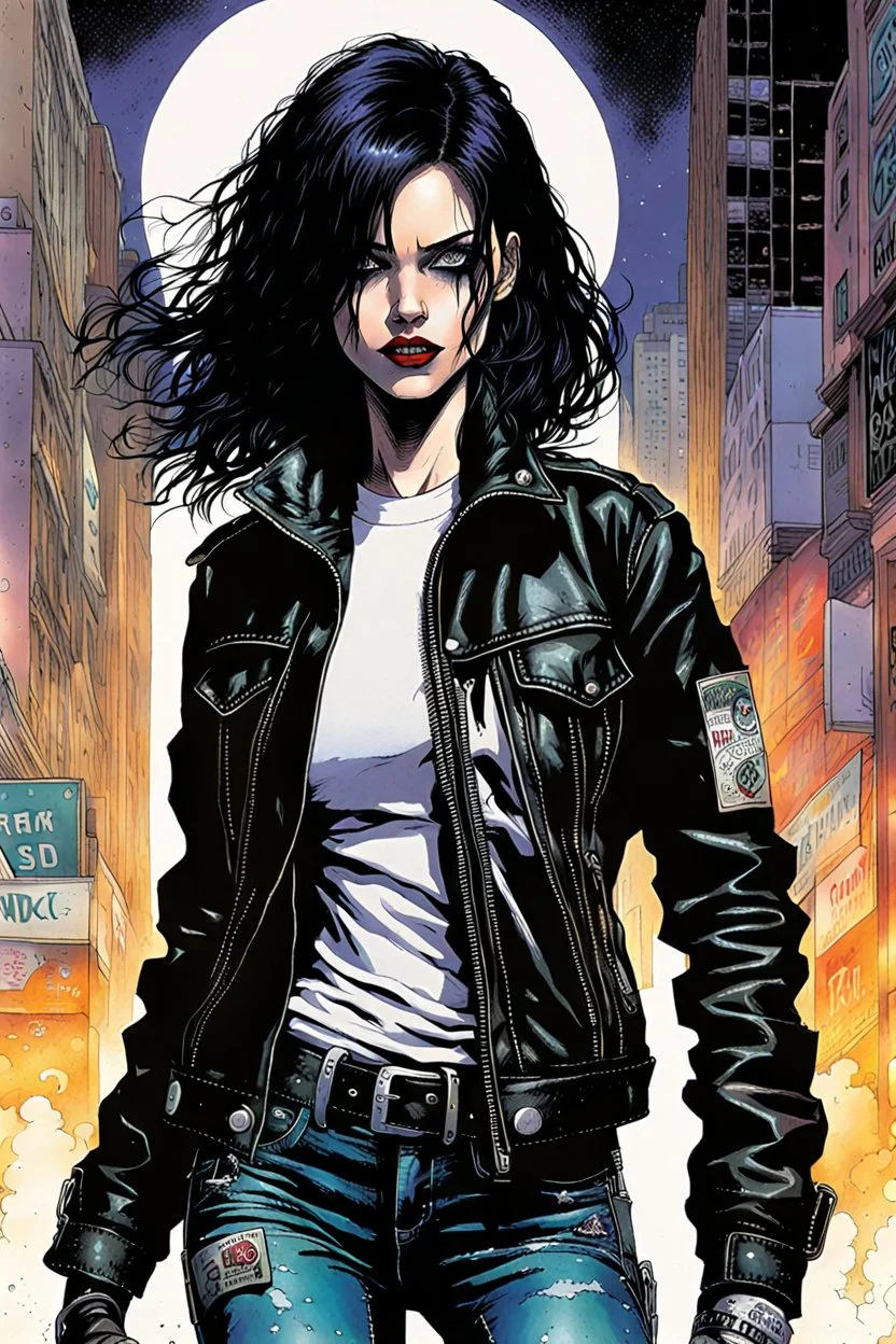 Create and fine print illustration of a Goth Girl with finely detailed facial features in a weathered leather jacket adorned with patches from countless encounters, torn black leggings ,battered combat boots, and a riotous assortment of belts and buckles that jingled with every step, in the graphic novel style of Bill Sienkiewicz, and Jean Giraud Moebius,