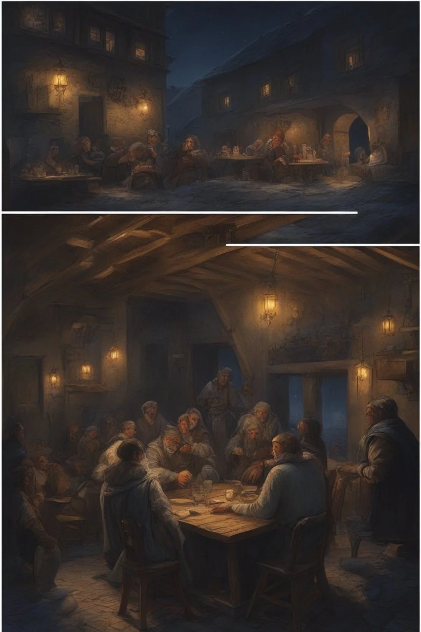 Winter Night, shades of blue, dark, moonlight Lots of People sitting around tables in a medieval tavern with a stone floor, add people to the chairs. Night time, dark, stars