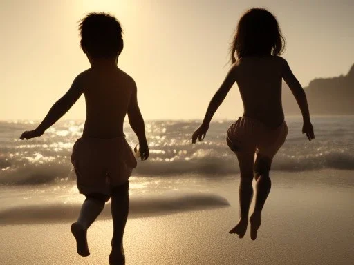 children jumping in water on a beach capture them against the sun and make an art silhouette, hyper details, real sharp, 8k, well detailed, well shaped