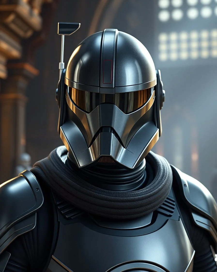 star wars bald male corellian pilot wearing pearlescent black and gunmetal grey First Order special forces heavy assault stealth commando armor and helmet with mirrored visor and gold and metallic red trim inside the jedi temple, hyperdetailed, dynamic lighting, hyperdetailed background, 8k resolution, volumetric lighting, light skin, fully symmetric details