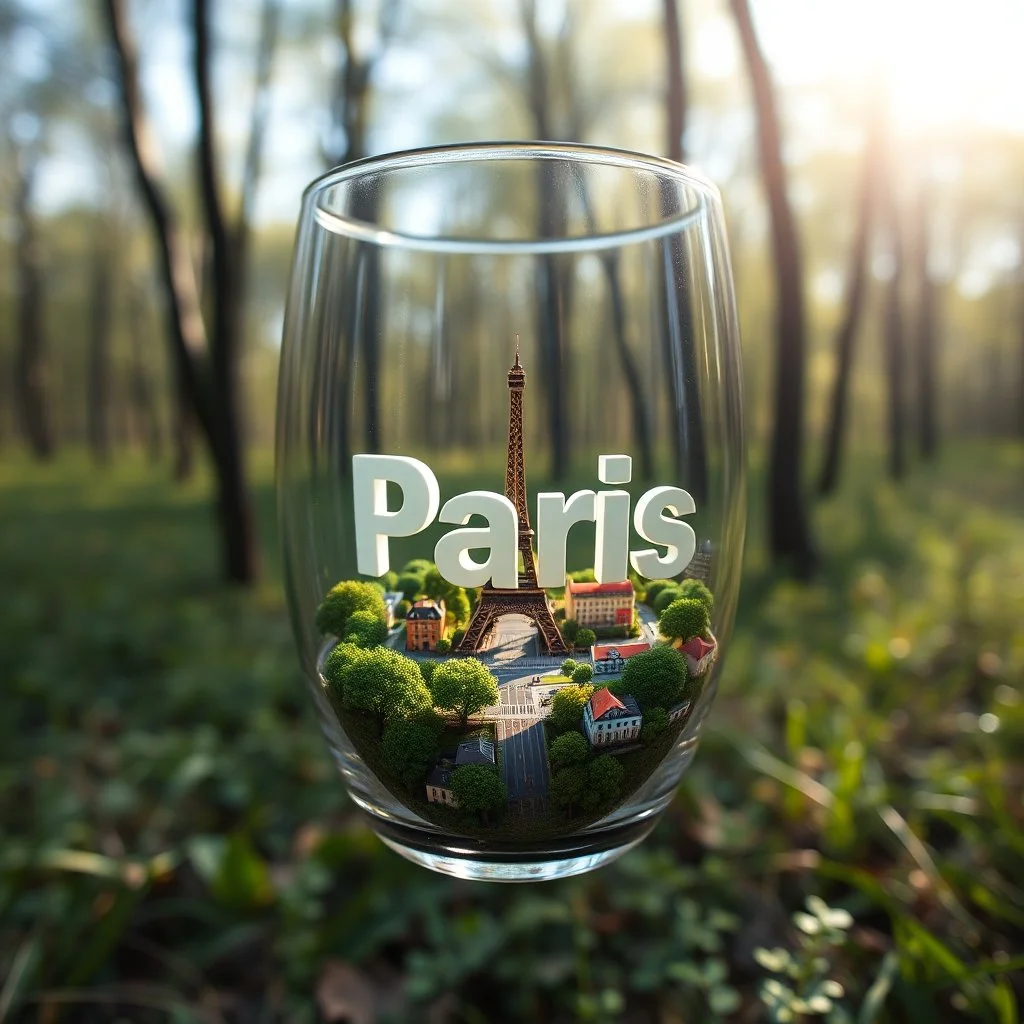 Create hyper-realistic photo of a glass tumbler in a wild forest. Inside, a miniature [Paris] with landmarks. A trasparrent 3D text of [Paris] blends naturally into the landscape . Soft bright daylight, reflections, and subtle imperfections like fingerprints. DSLR quality, sharp focus.