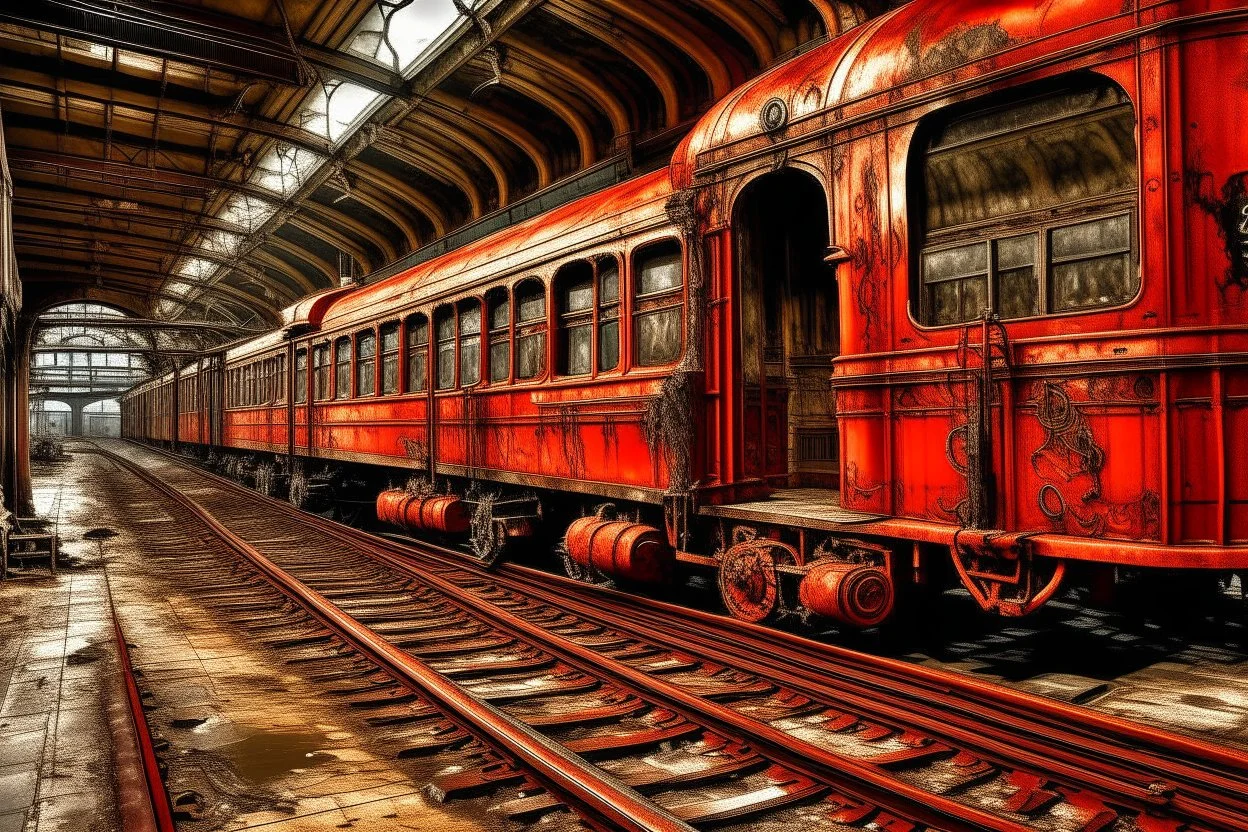 An orangish red fiery steampunk train station painted by Jackson Pollock