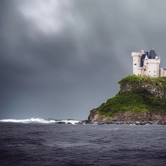 Castle on an island in the Middle of the ocean during a storm