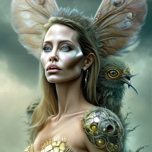 Angelina Jolie, Charlize Theron, woolitize, rusty metal, feathers, Dryad, fae, sidhe, ominous, nature, plants, wildflower, facepaint, dnd character portrait, intricate, oil on canvas, masterpiece, expert, insanely detailed, 4k resolution, retroanime style, cute big circular reflective eyes, cinematic smooth, intricate detail , soft smooth lighting, soft pastel colors, painted Renaissance style