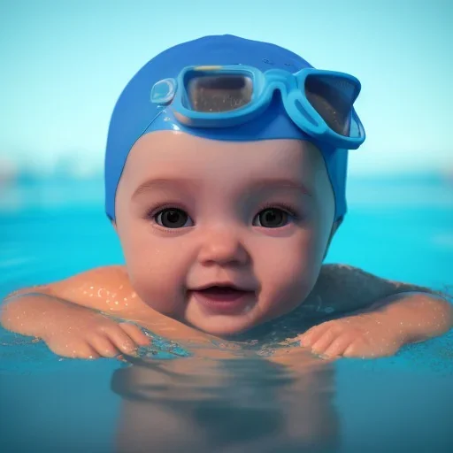 Cute Baby swimming in pool unreal 5, octane render,cinema4d, dynamic lighting, dramatic lighting, 4k, redshift render, highly, hyperrealism detailed, hyper realistic.