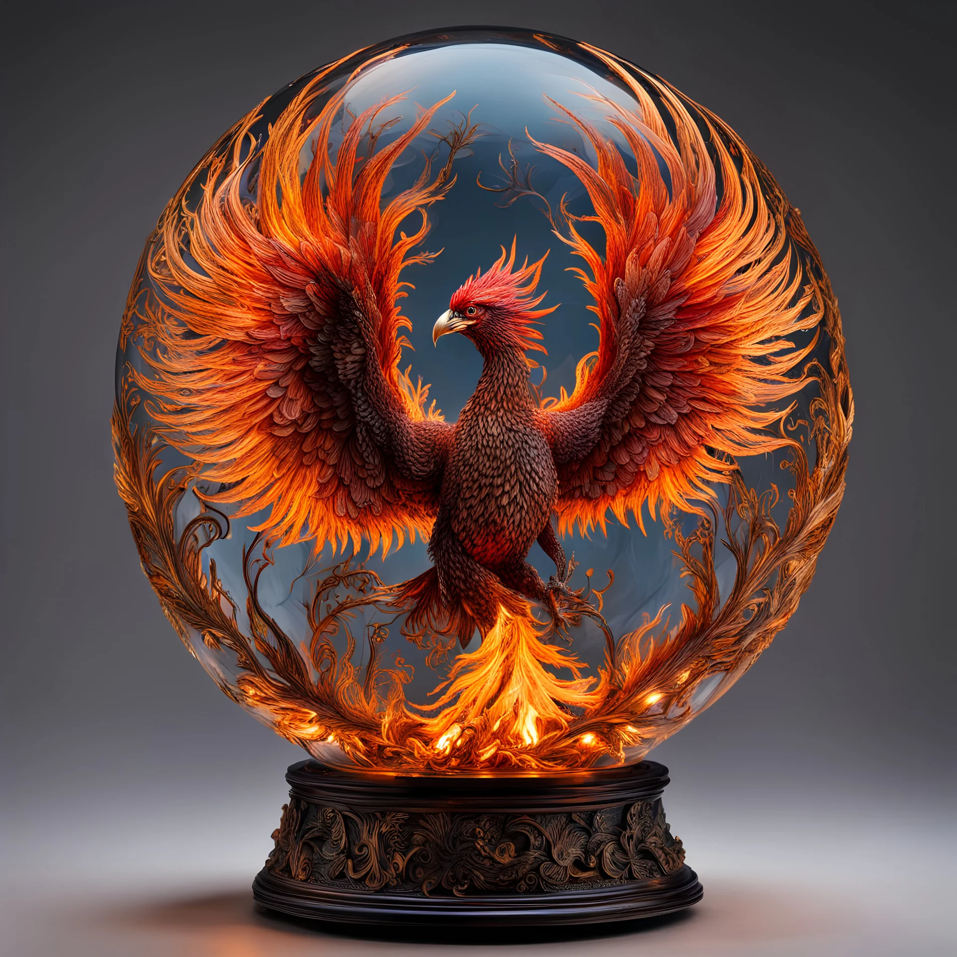 glass globe with intricate miniature fire pheonix made of fire, by Su Blackwell, fantastical, intricate details, maximalism, dramatic, hyperdetailed, mega maximalist, Su Blackwell