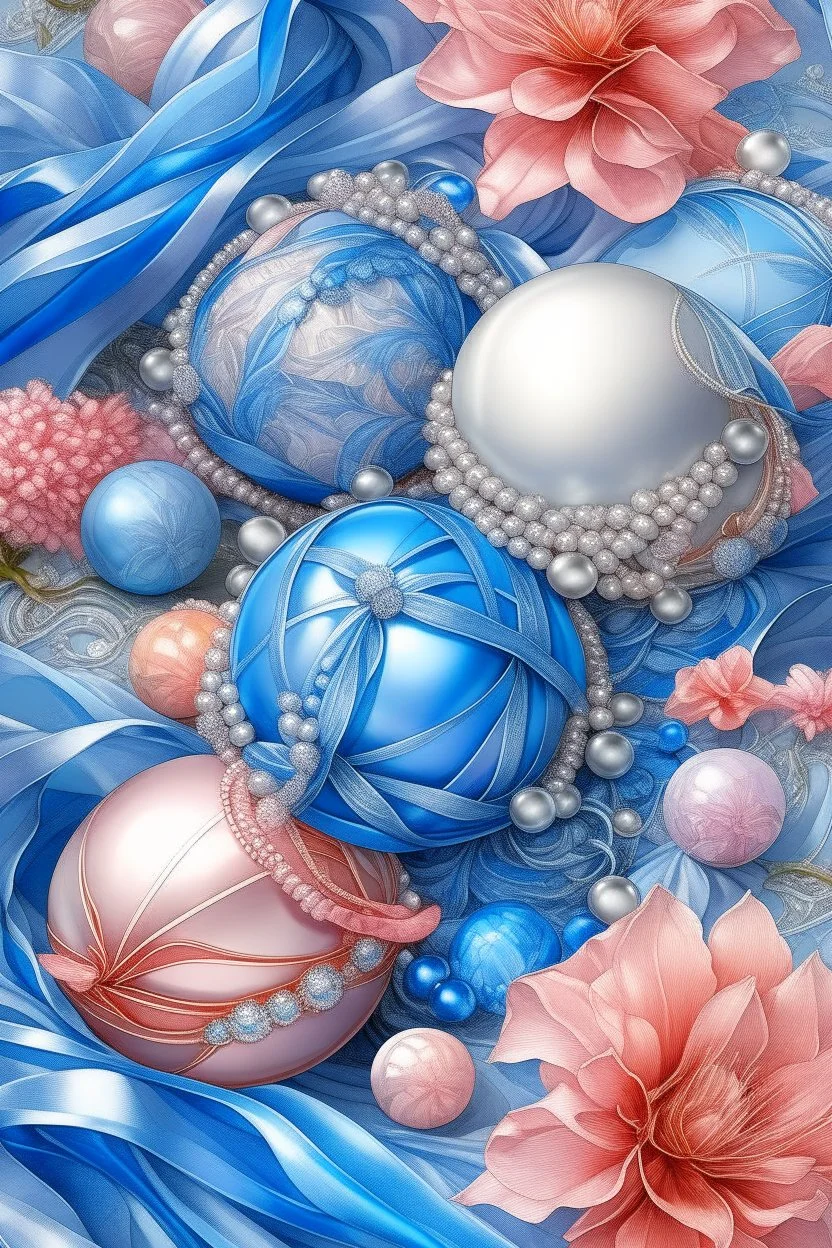 balls,gusts of wind,spiral, patterns ,silver pink blue, composition,flowers,pearls, silk,colored ribbons ,realistic,macro,delicate colors grace, transparent,aesthetically pleasing,hyper detailed,unusual,combination is extremely beautiful,drawing details ,magic,aesthetics, bright light, clarity,fantastically,,close-up, filigree,pastel,watercolor,detailed drawing..,hyperdetalization,surrealism,glitter,5d ,transparent details,futuristic,best quality.