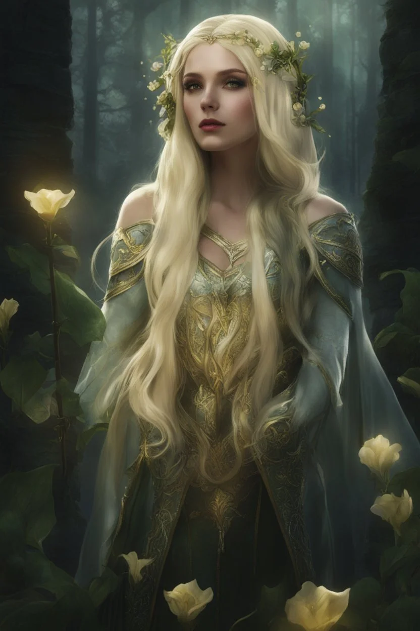 Dark green hair,Rapunzel hair,golden armor,night,sparkle,lily of the valley,ivy,elven warrior,elven ears,burgundy,green,gold,elven crown,extremely long hair