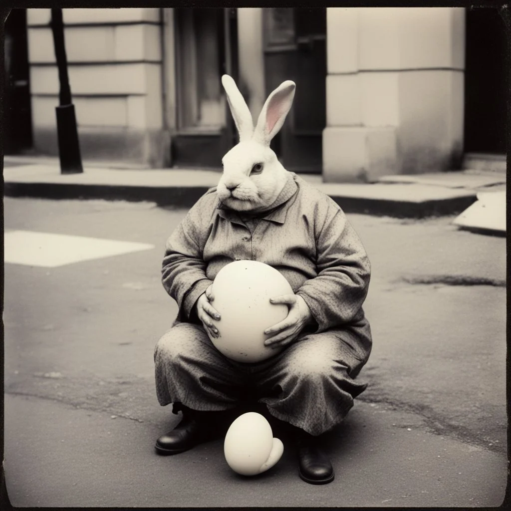 Dramatic vintage polaroid picture, white obese crepey mottled skin frightening Lovecraftian anthropomorphic Easter Bunny creature sitting on sidewalk with his knuckles on his chin looking dejected and frustrated, cracked egg on street yolk leaking out, sinister whimsey, oddball masterpiece, sfumato, dark humor, complex contrast, dynamic composition,