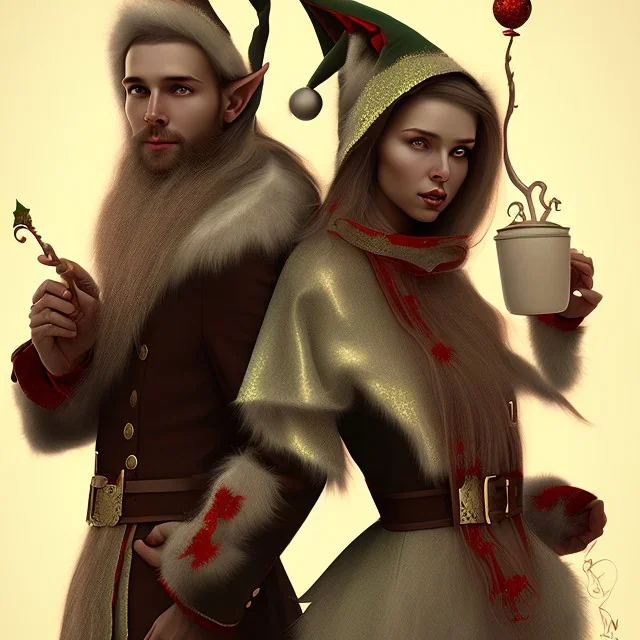 two elves. woman and man. Christmas scene. photorealistic. low-key