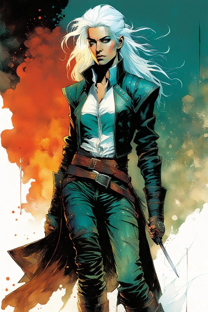 create an imaginative full body print illustration of an ethereal, otherworldly , ghost haired, elven female grandmaster Witcher in a tattered leather doublet and boots , in the comic book art style of Bill Sienkiewicz, Mike Mignola, and Jean Giraud Moebius, with highly detailed feminine facial features , finely drawn, colored and inked,