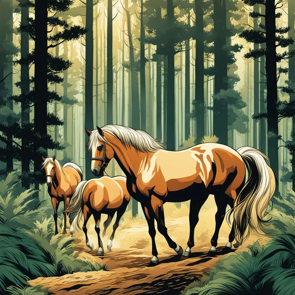 Ilustración estilo cómic de bosque con caballos palomino calidad ultra