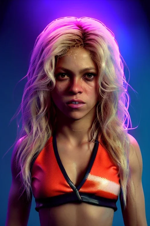 portrait, Shakira, blonde artist, angry, Realistic image, boxing robe, hoodie dress. loose long hair, eyes make up, perfect, glow, circle iris. Neon colors, leds, geometric shapes. Dark background, photo studio, neon lights. concept art, smooth, unreal engine 5, god lights, ray tracing, RTX, lumen lighting, ultra detail, volumetric lighting, 3d, finely drawn, high definition, 4k.