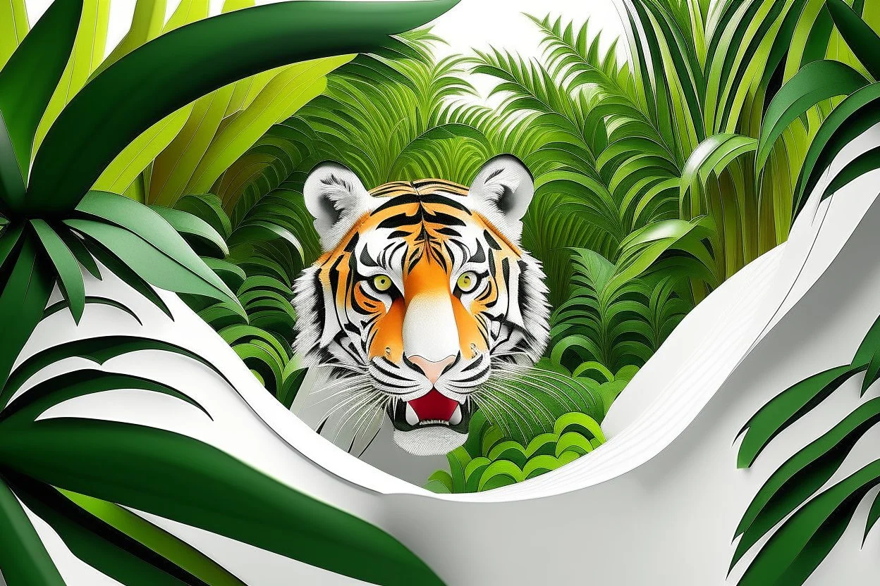 white,background,looking,through,a 3-d, hole,or,window,,and seeing tiger in tropical jungle, make,sure,all,fits,on,the,page