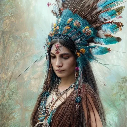 Insanely detailed photograph of an “portrait of gorgeous native american goddess ” with intricate hair, intricate embroidered dress, beautiful clear face and hyperdetailed painting by Ismail Inceoglu Huang Guangjian and Dan Witz CGSociety ZBrush Central fantasy art album cover art,8K, hdr, romantic, mysterious, ominous, flowers, jewelry, comfort, natural eyes, "arms open for embrace"