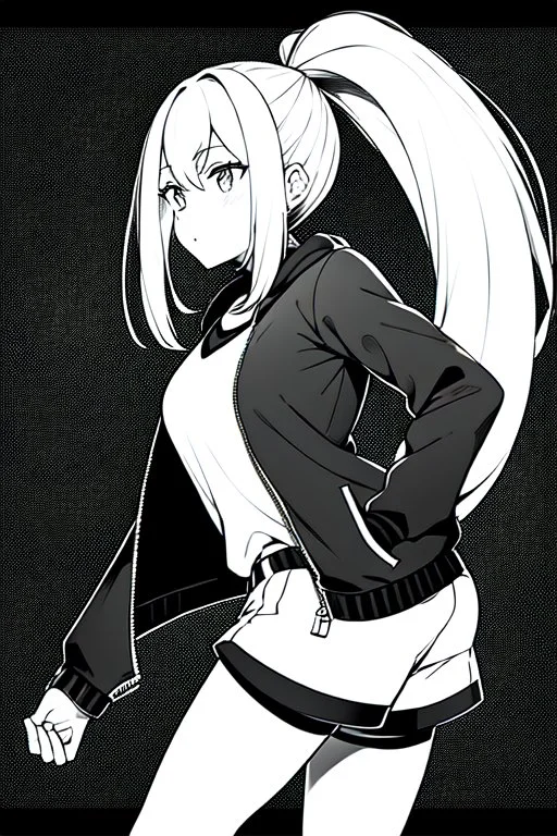 blonde girl with ponytails dressed in a jacket and shorts walks proudly, greyscale