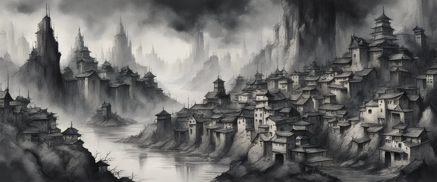 city on a karstic spur by a river Zur's Weirding in modern european ink painting art style