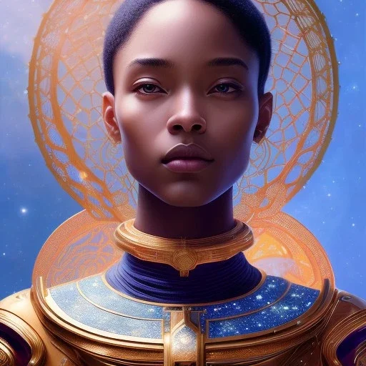 cosmos masterpiece, sango fantasy, fantasy magic, intricate, sharp focus, illustration, highly detailed, digital painting, concept art, matte, artgerm and paul lewin and kehinde wiley, full figure, fit in board, cyber punk, pretty accurate hands face fingers, natural aye, fit within portrait