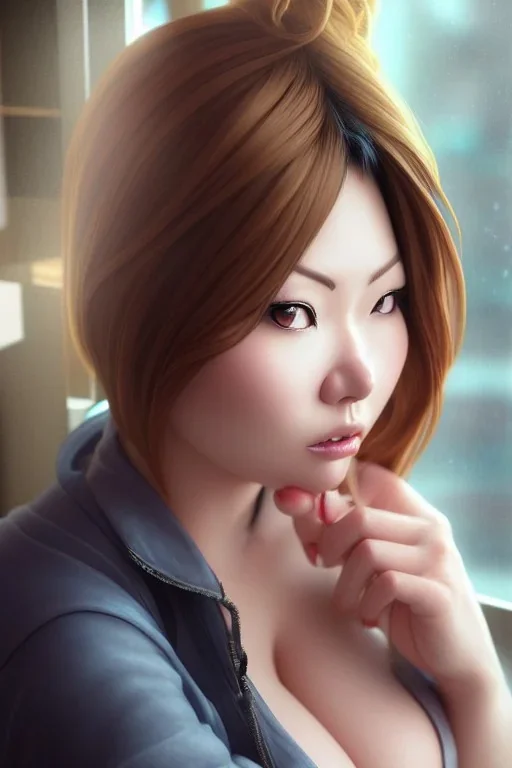 Hitomi tanaka, 8k 4d photo realistic Highly detailed portrait of stunningly beautiful woman, sitting inside a cozy cafe, by Loish, by Bryan Lee O'Malley, by Cliff Chiang, by Greg Rutkowski, inspired by image comics, potrait illustration, cute fine face, pretty face, realistic shaded perfect face, symetrical eyes, perfecet eyes