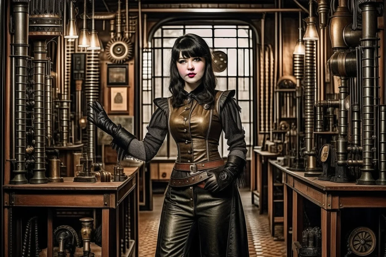 full-length pale dark-haired woman with a straight bob hairstyle with a fringe, in a steampunk leather outfit, and gloves, standing in a steampunk laboratory