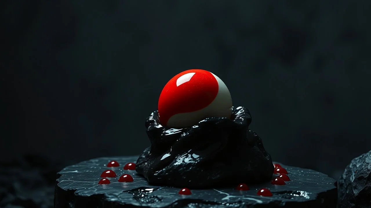 In a surreal and eerie dreamscape, a dark red fried egg on black marble rock-like statute. The dark deep colors of the surrounding environment cast dramatic shadows, red droplets around egg , The dreamlike atmosphere is charged with a subtle thriller vibe, as the egg seems to pulse with a mysterious life force.