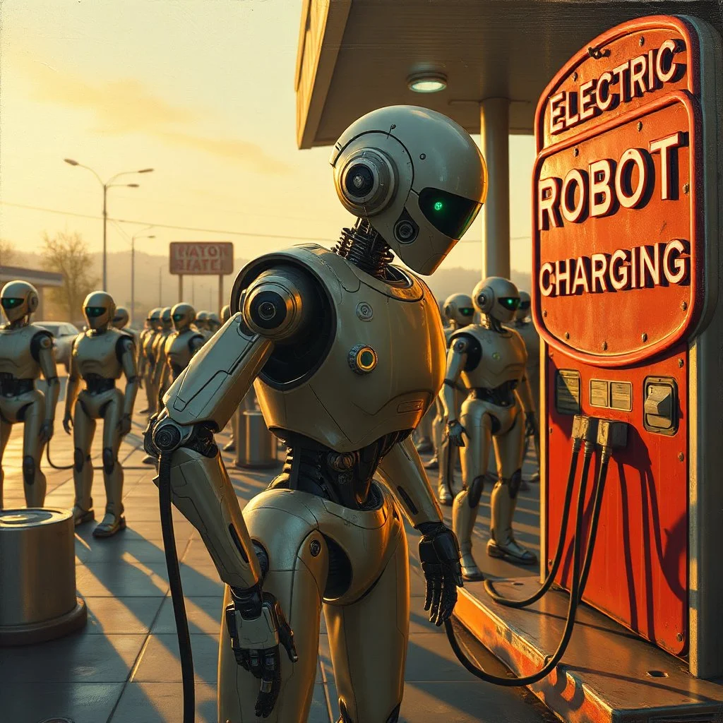 A cinematic wide-angle oil painting of a humanoid robot plugging a thick electric charging cable into its torso port at a futuristic charging station within a retro-style gas station. A long line of identical humanoid robots stands patiently behind, waiting for their turn to recharge. A large vintage-style sign to the side reads 'Electric Robot Charging Station.' The scene is bathed in golden-hour lighting, with rich, noisy colors, expressive thick brushstrokes, intricate steampunk elements, glo