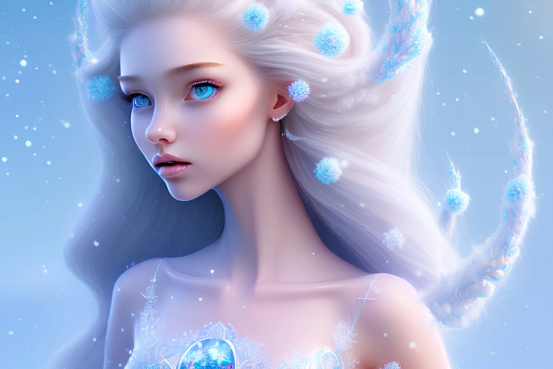 Young woman snow princess, full body, pretty blue dress, beautiful face with fine features, full body, softness, kindness, long straight blond hair, pretty dress, snow, pink tree, delicate jewelry, flowers pink and white, blue sky, soft atmosphere, pastel colors