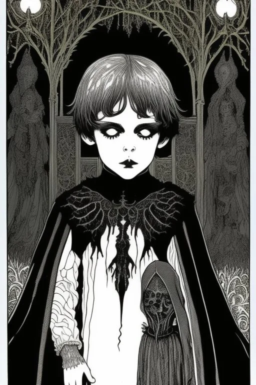 7 year old boy, necromancer, friendly, looks dead,with a long lamprey emerging from his belly , wearing black robes, in the style of Harry Clarke
