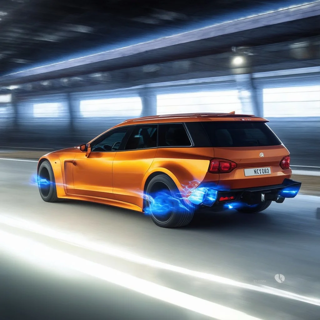 award winning car and driver photograph of a futuristic station wagon fighter-jet hybrid designed by only one vehicle per image painted metallic orange traveling at a high rate of speed, jet intake off of front center of vehicle and jet exhaust out the rear with bright blue flame, bilaterally symetrical, more a high speed road vehicle