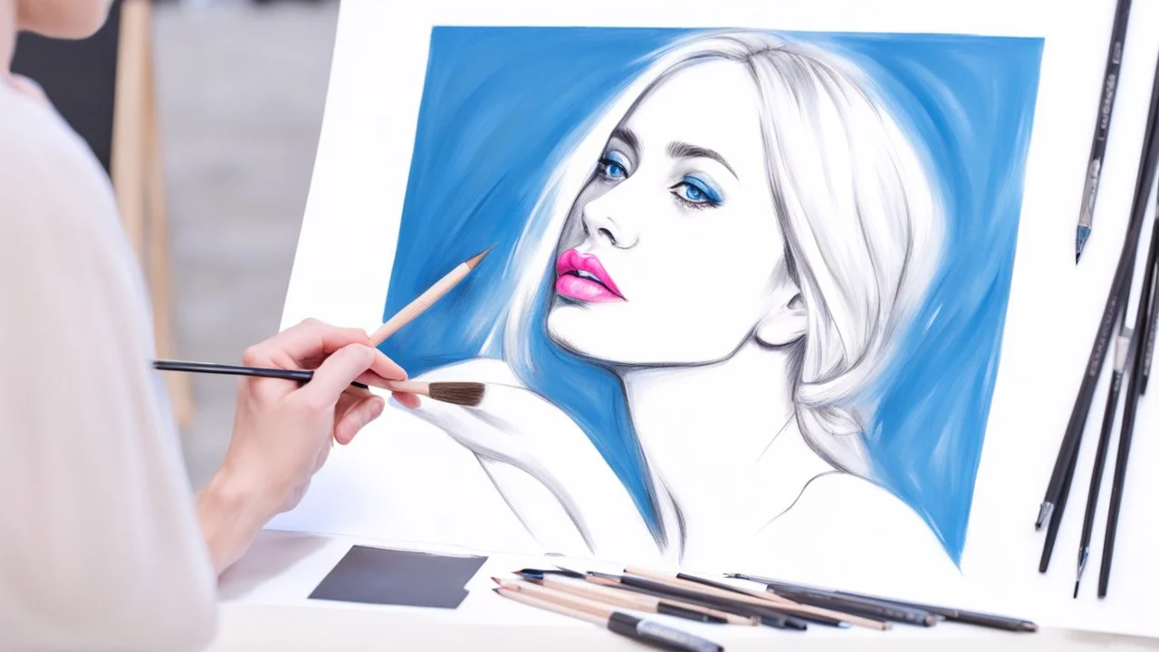 street artist draws a portrait of a blonde woman, charcoal, pencil, pink lips, blue eyes, fine drawing, hand with a brush