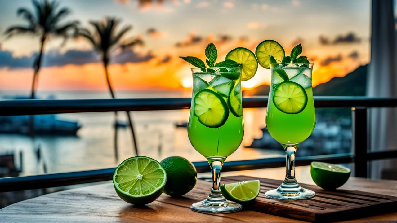 Two glasses of a mohito coctail beverage with lime are on a dining table on the balcony, overlooking a beautiful sea waterfront view. sunset, warm lights, harmonic calm mood, highly detailed, high contrast, perfect lights, masterpiece