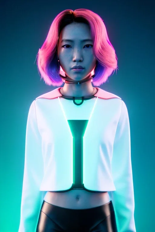 Medium shot body portrait, Asian cyborg woman :: symmetry photography, cyberpunk, pink hair, makeup, long line eye, light iris, :: latex coat, wires and circuits, pink, white, black :: cinematic, Ultra realistic, dark scene, soft color, highly detailed, unreal engine 5, RTX, ultra detail, 3d, finely drawn, high definition.