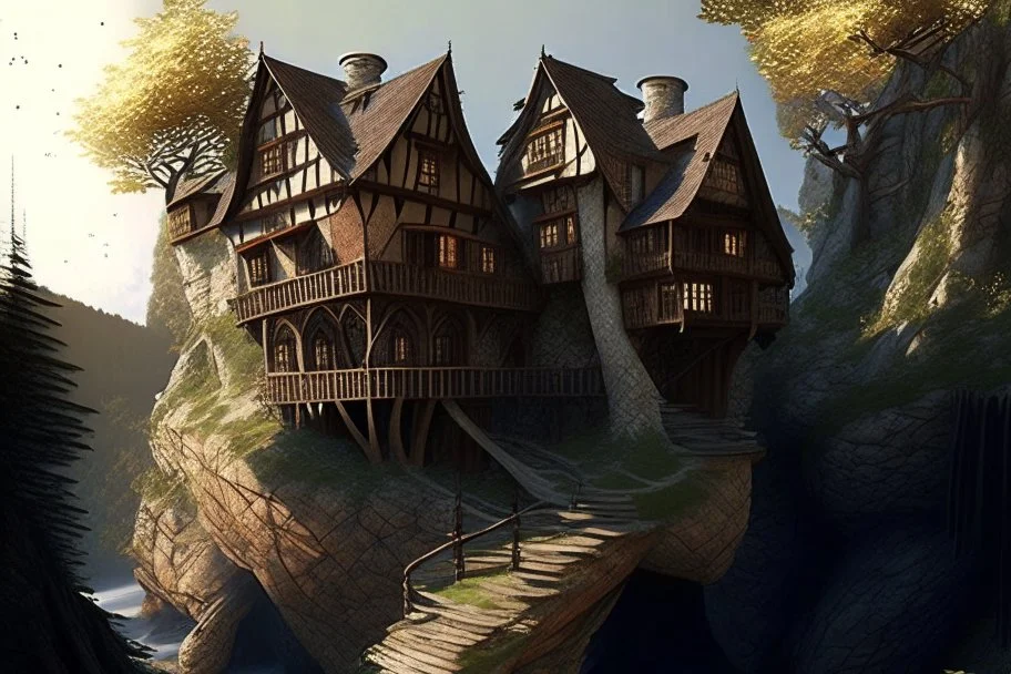 small wooden medieval gothic twisted house built into a cliff, trees, balconies, walkways, bridge, sunshine, lake