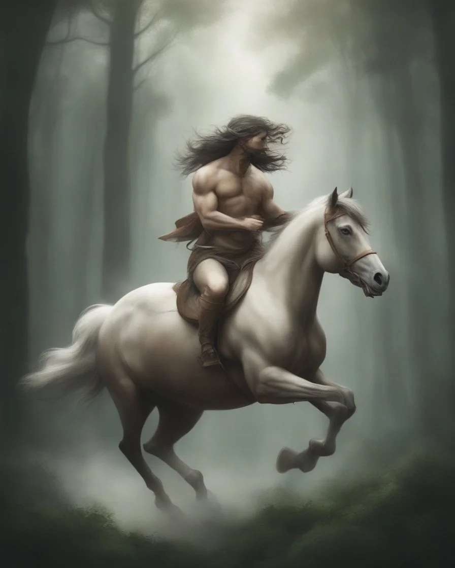 A centaur majestically galloping through the dense forest in the style of Doug Hyde , fantastical landscape, soft strokes , mythology portrait, classic illustrated digital design