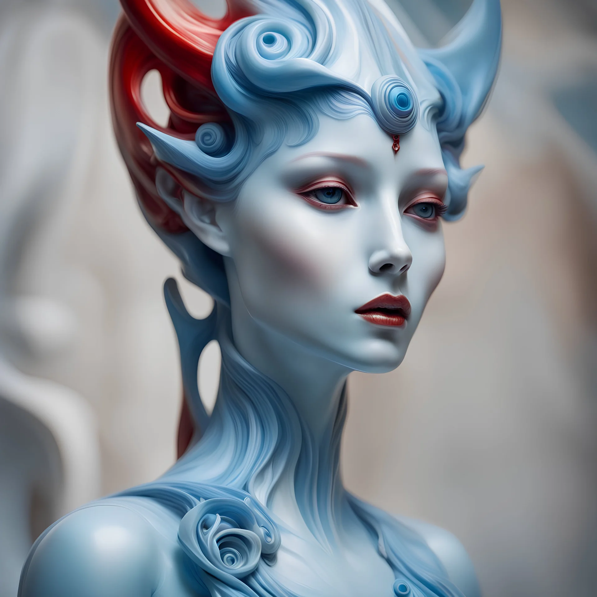 a close up of a statue of a woman, in style of anna dittmann, porcelain cyborg, blue and red two - tone, gray alien, tim hildebrant, highly capsuled, anthro art, slightly - pointed ears, fluid and dynamic forms, amphora, unusually unique beauty, billy butcher, design milk, focused on neck, ceramics