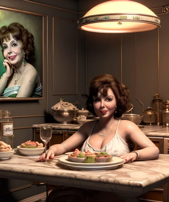 Ultra realistic photographic portrait, happy elegant Gina Lollobrigida woman sitting with arms resting on Italian kitchen table, pretty tortellini dish, classic style decoration, cold, soft color, highly detailed, unreal engine 5, ray tracing, RTX, lumen lighting, ultra detail, volumetric lighting, high definition.