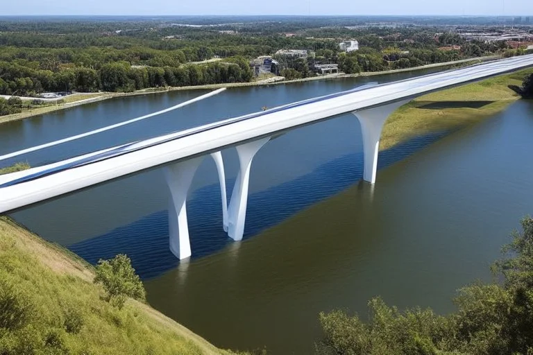 Puente para personas atraviesa una autopista de lado a lado, por debajo pasan autos, estilo Zaha Hadid