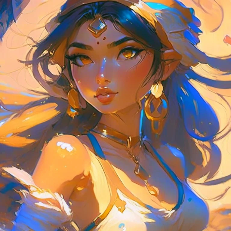 cute anime disney princess jasmine, key visual, glamour,sceane from princess mononoke movie, cute anime girl, dynamic pose, anime digital painting by loish + rossdraws + Pino Daeni, brush strokes, painterly, impressionist style, half painted, golden hour, digital art, 4k, full details