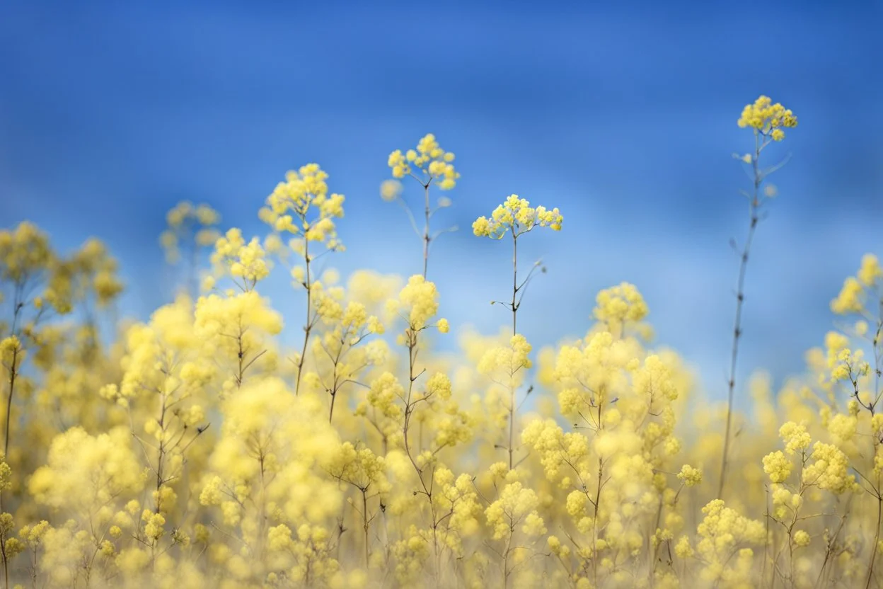 bottom is detailed canola with green stems and branches, top is sky, photography,